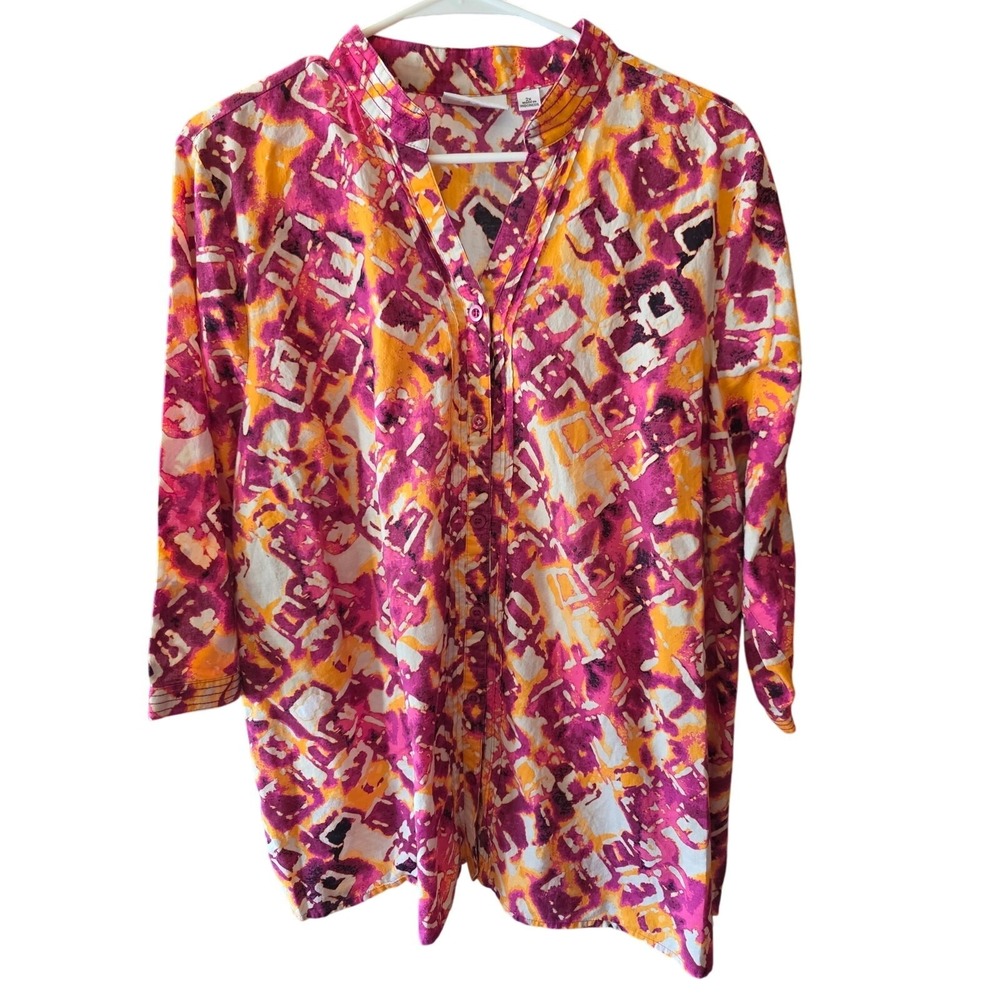 Breckenridge Button Front Top 2x Womens Plus Size Half Sleeve Geometric Light